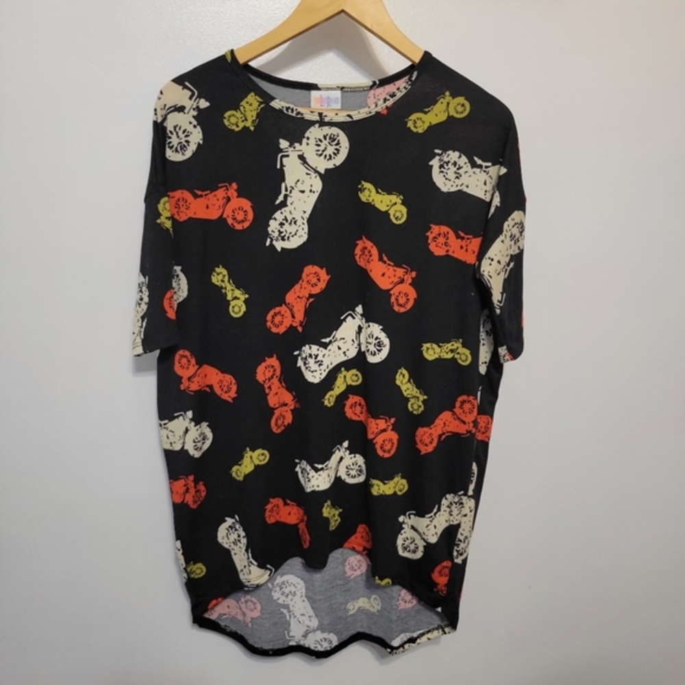 LuLaRoe Irma Black‎ Motorcycle Print Tunic Top Size XS